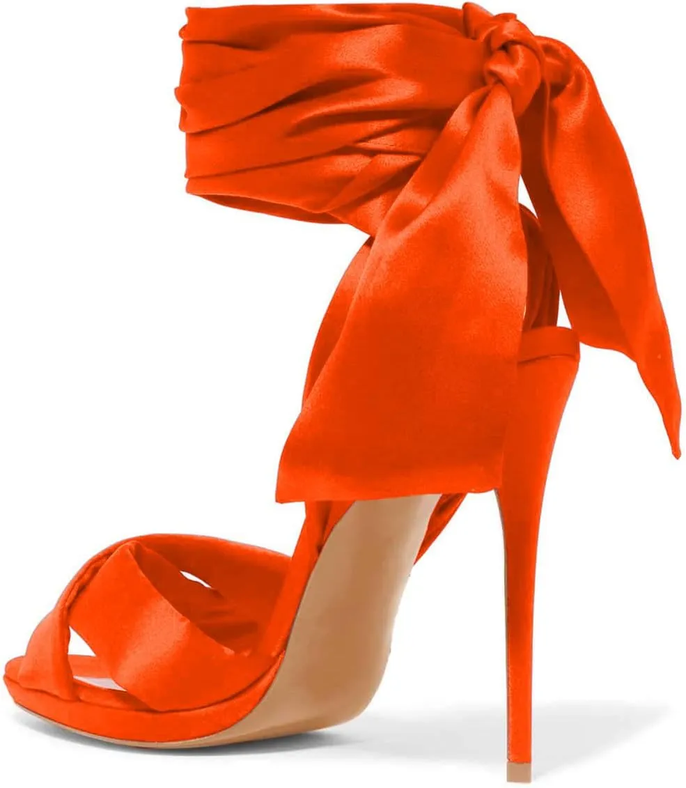 FSJ Women Cocktail Peep Toe Satin Lace Up Sandals Ankle Wrap Platform High Heels Party Sexy Shoes Size 4-15 US