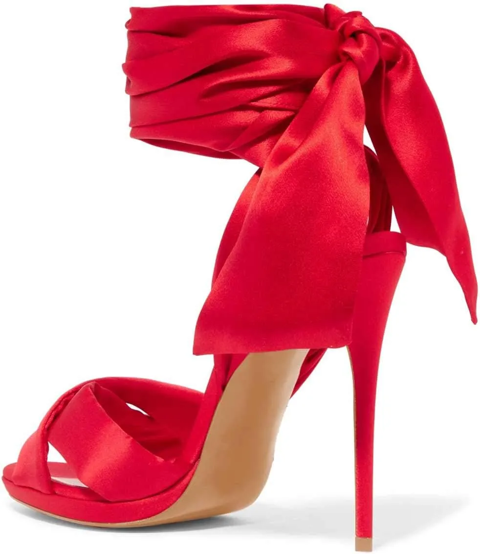 FSJ Women Cocktail Peep Toe Satin Lace Up Sandals Ankle Wrap Platform High Heels Party Sexy Shoes Size 4-15 US