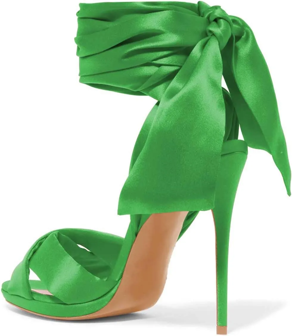 FSJ Women Cocktail Peep Toe Satin Lace Up Sandals Ankle Wrap Platform High Heels Party Sexy Shoes Size 4-15 US