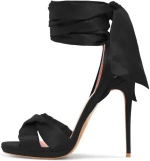 FSJ Women Cocktail Peep Toe Satin Lace Up Sandals Ankle Wrap Platform High Heels Party Sexy Shoes Size 4-15 US