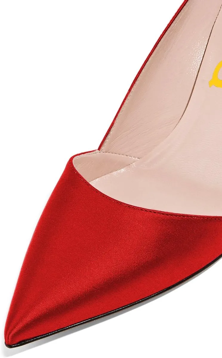 FSJ Women Elegant Pointed Toe Mid Heels Satin Dress Pumps Slip On Evening Party Shoes Size 4-15 US
