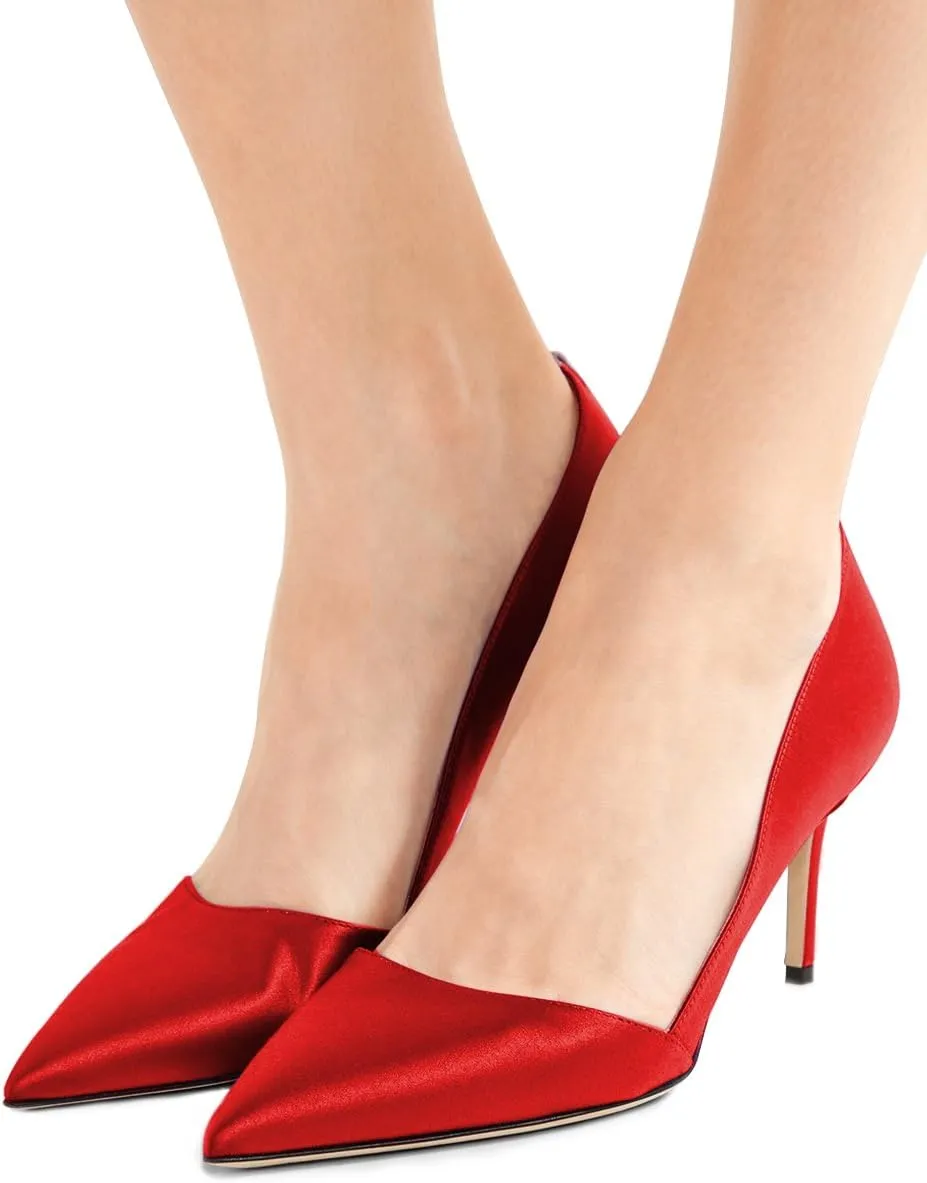 FSJ Women Elegant Pointed Toe Mid Heels Satin Dress Pumps Slip On Evening Party Shoes Size 4-15 US