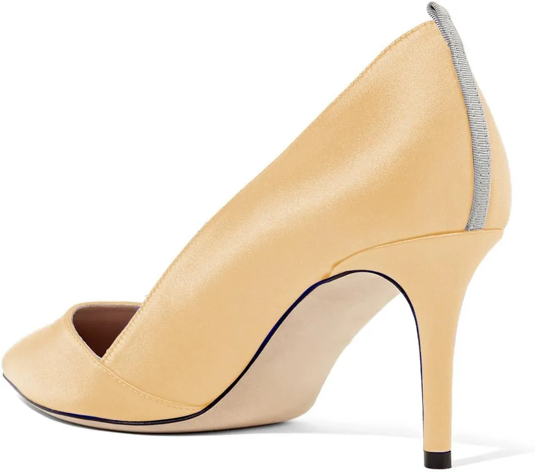 FSJ Women Elegant Pointed Toe Mid Heels Satin Dress Pumps Slip On Evening Party Shoes Size 4-15 US
