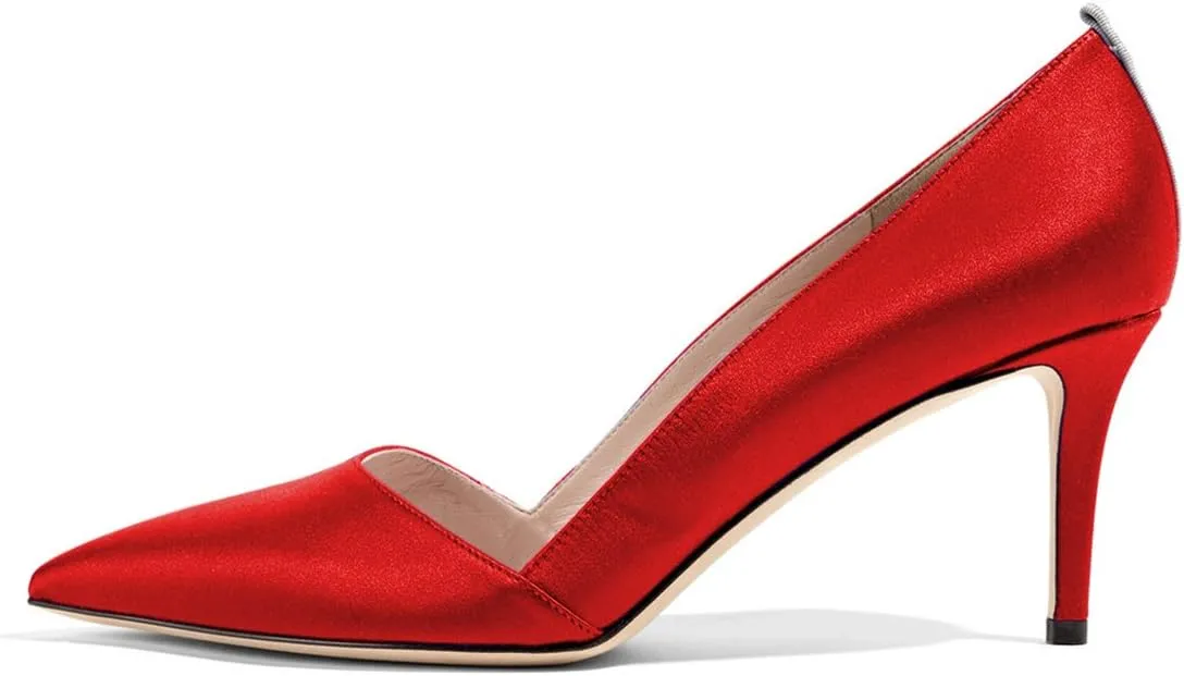 FSJ Women Elegant Pointed Toe Mid Heels Satin Dress Pumps Slip On Evening Party Shoes Size 4-15 US
