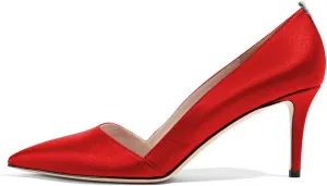 FSJ Women Elegant Pointed Toe Mid Heels Satin Dress Pumps Slip On Evening Party Shoes Size 4-15 US