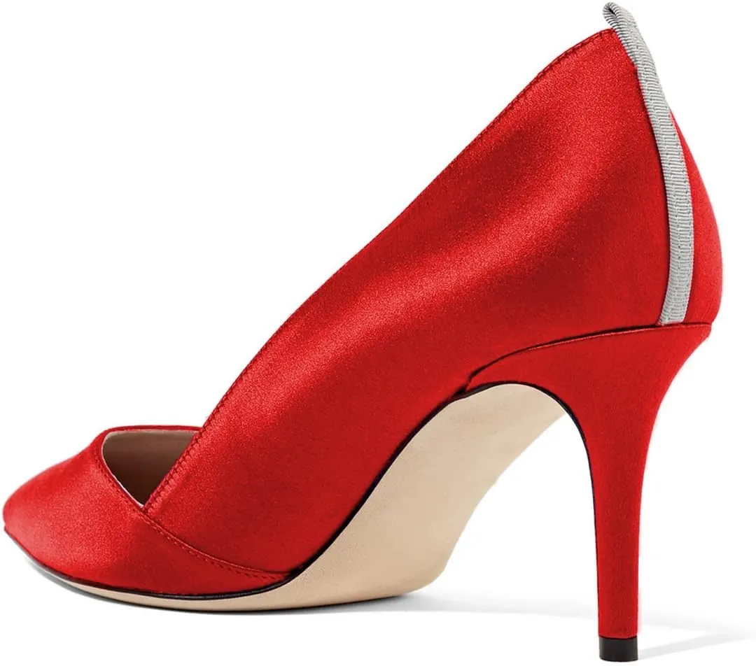FSJ Women Elegant Pointed Toe Mid Heels Satin Dress Pumps Slip On Evening Party Shoes Size 4-15 US