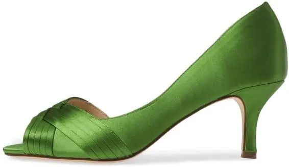 FSJ Women Low Kitten Heels Peep Toe Slip on Pumps D'Orsay Pleated Satin Sandals Evening Party Dress Comfy Office Shoes Size 4-15 US