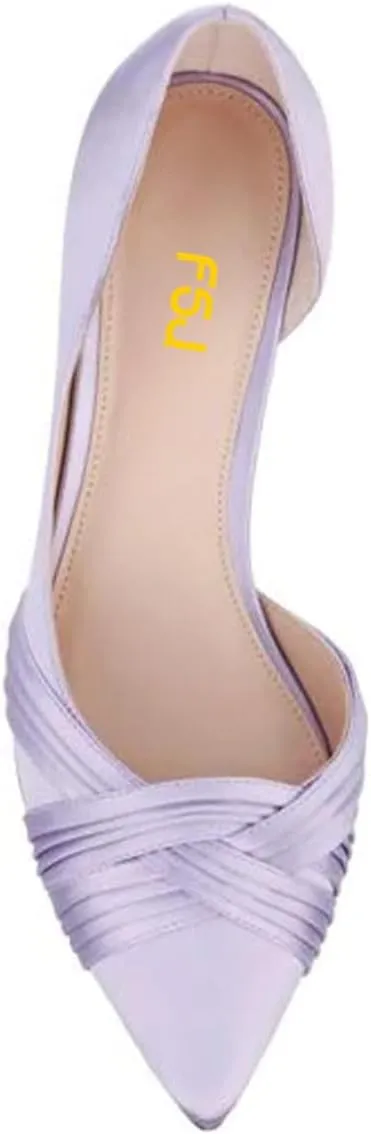 FSJ Women Low Kitten Heels Pointed Toe Slip on Pumps D'Orsay Pleated Satin Evening Party Dress Office Shoes Size 4-15 US