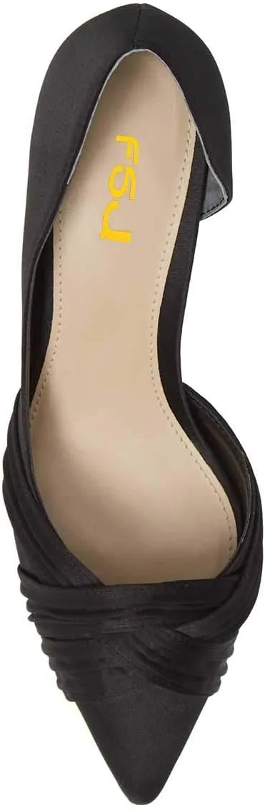 FSJ Women Low Kitten Heels Pointed Toe Slip on Pumps D'Orsay Pleated Satin Evening Party Dress Office Shoes Size 4-15 US
