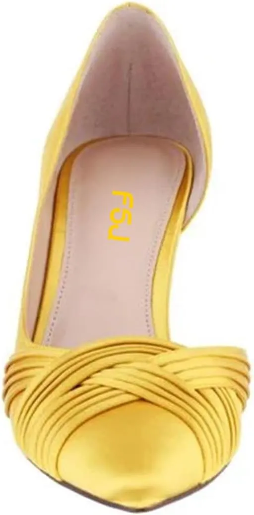 FSJ Women Low Kitten Heels Pointed Toe Slip on Pumps D'Orsay Pleated Satin Evening Party Dress Office Shoes Size 4-15 US