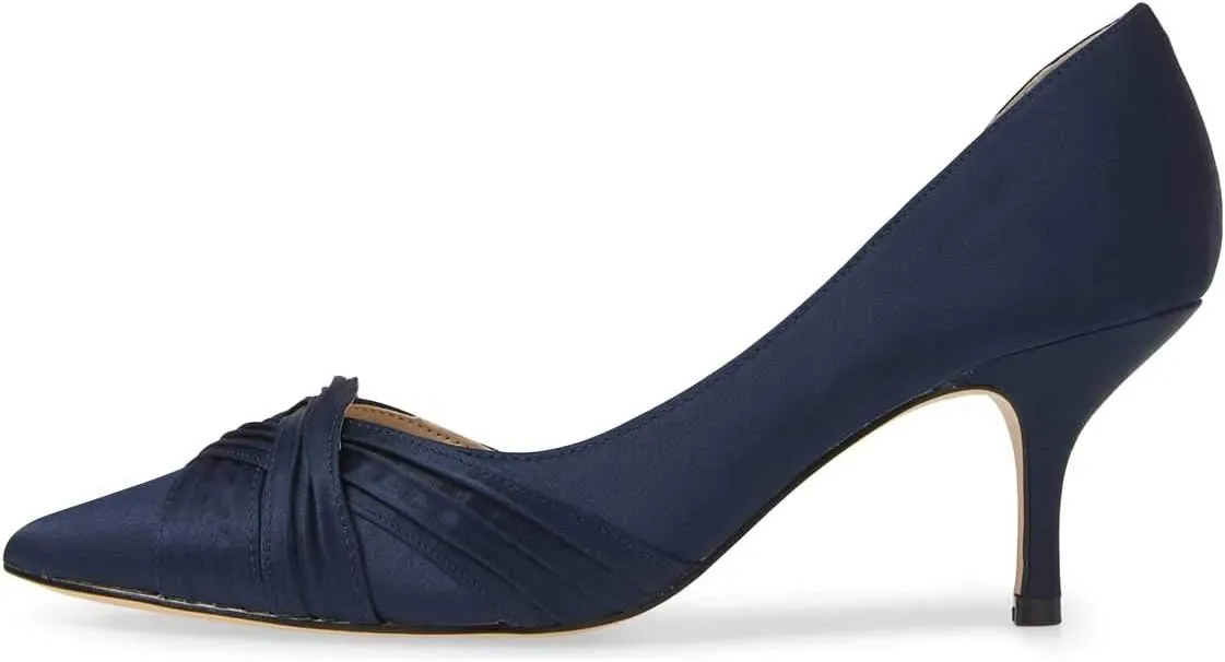 FSJ Women Low Kitten Heels Pointed Toe Slip on Pumps D'Orsay Pleated Satin Evening Party Dress Office Shoes Size 4-15 US