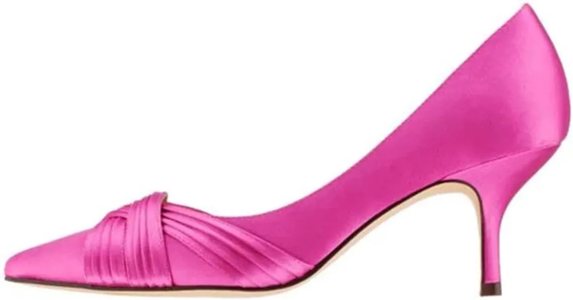 FSJ Women Low Kitten Heels Pointed Toe Slip on Pumps D'Orsay Pleated Satin Evening Party Dress Office Shoes Size 4-15 US