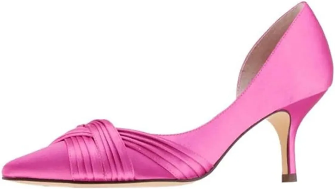 FSJ Women Low Kitten Heels Pointed Toe Slip on Pumps D'Orsay Pleated Satin Evening Party Dress Office Shoes Size 4-15 US