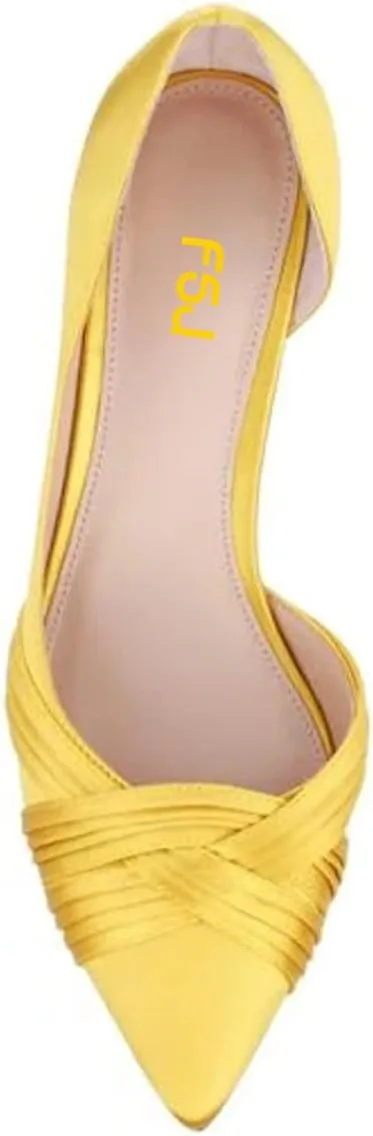 FSJ Women Low Kitten Heels Pointed Toe Slip on Pumps D'Orsay Pleated Satin Evening Party Dress Office Shoes Size 4-15 US