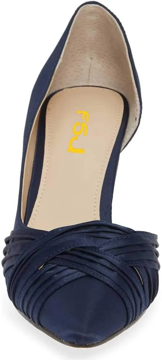 FSJ Women Low Kitten Heels Pointed Toe Slip on Pumps D'Orsay Pleated Satin Evening Party Dress Office Shoes Size 4-15 US