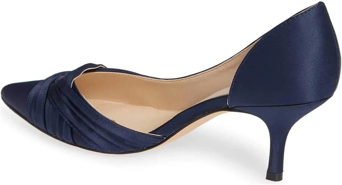 FSJ Women Low Kitten Heels Pointed Toe Slip on Pumps D'Orsay Pleated Satin Evening Party Dress Office Shoes Size 4-15 US