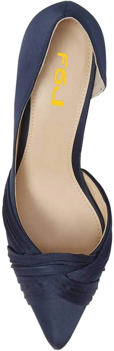 FSJ Women Low Kitten Heels Pointed Toe Slip on Pumps D'Orsay Pleated Satin Evening Party Dress Office Shoes Size 4-15 US
