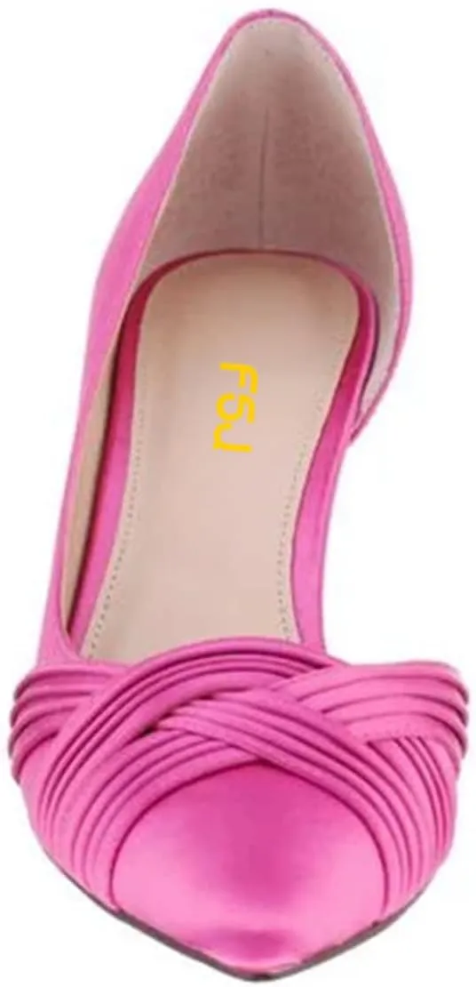 FSJ Women Low Kitten Heels Pointed Toe Slip on Pumps D'Orsay Pleated Satin Evening Party Dress Office Shoes Size 4-15 US