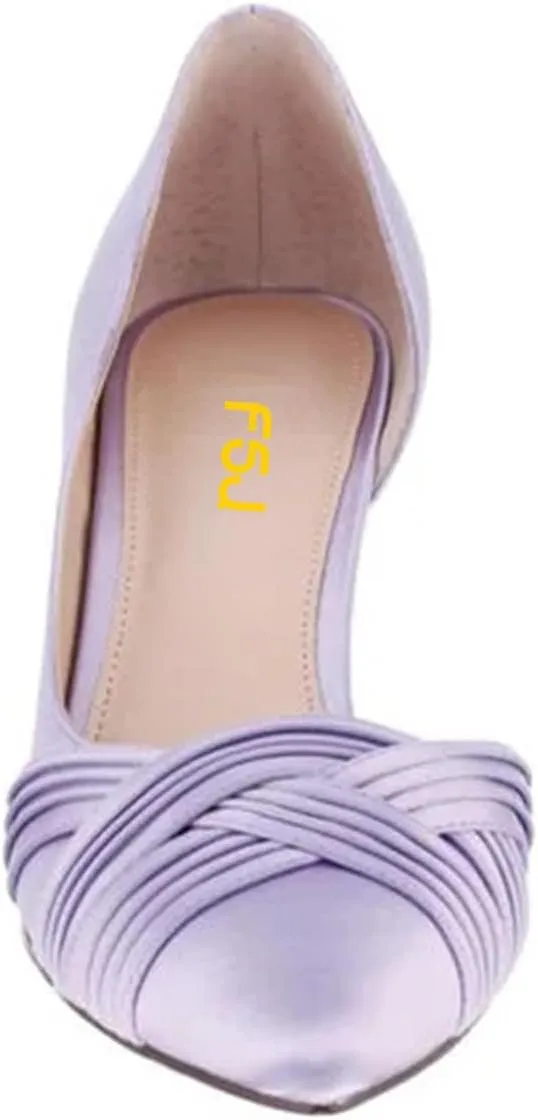 FSJ Women Low Kitten Heels Pointed Toe Slip on Pumps D'Orsay Pleated Satin Evening Party Dress Office Shoes Size 4-15 US