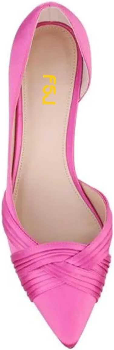 FSJ Women Low Kitten Heels Pointed Toe Slip on Pumps D'Orsay Pleated Satin Evening Party Dress Office Shoes Size 4-15 US