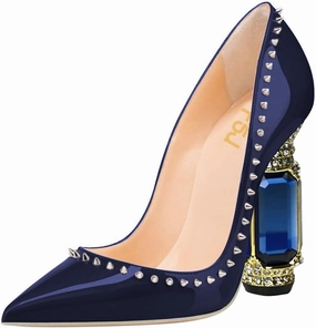 FSJ Women Bridal Pointed Toe Chunky Block High Heel Crystal Pumps Slip on Wedding Thick Comfort Evening Dress Studded Rivets Shoes Size 4-16 US