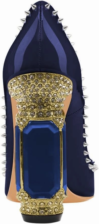 FSJ Women Bridal Pointed Toe Chunky Block High Heel Crystal Pumps Slip on Wedding Thick Comfort Evening Dress Studded Rivets Shoes Size 4-16 US