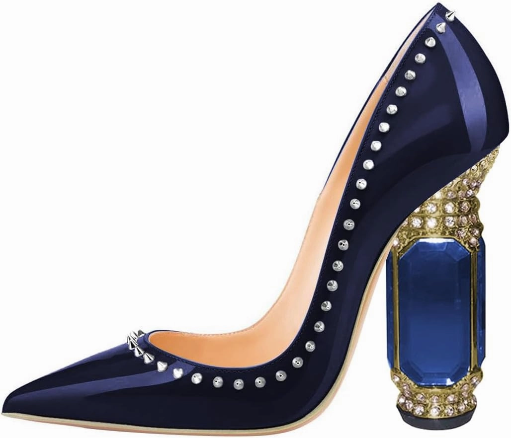 FSJ Women Bridal Pointed Toe Chunky Block High Heel Crystal Pumps Slip on Wedding Thick Comfort Evening Dress Studded Rivets Shoes Size 4-16 US