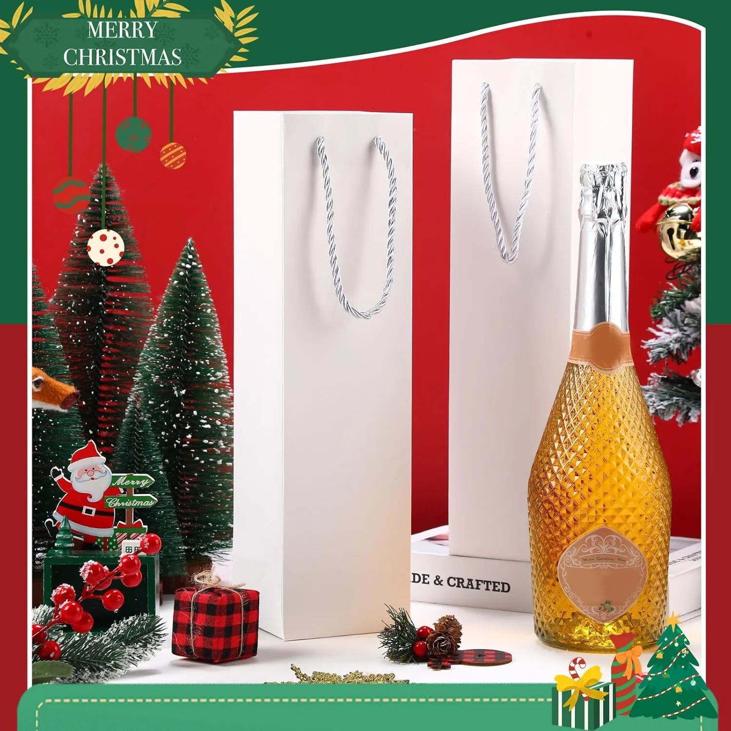 Fulmoon 80 Pack Wine Gift Bag Bulk Wine Bottle Paper Gift Bags Reusable Handbags Liquor Bottle Handbags with Handles for Shopping Wedding Party Birthday 3.7 x 3.5 x 14 Inch(White)