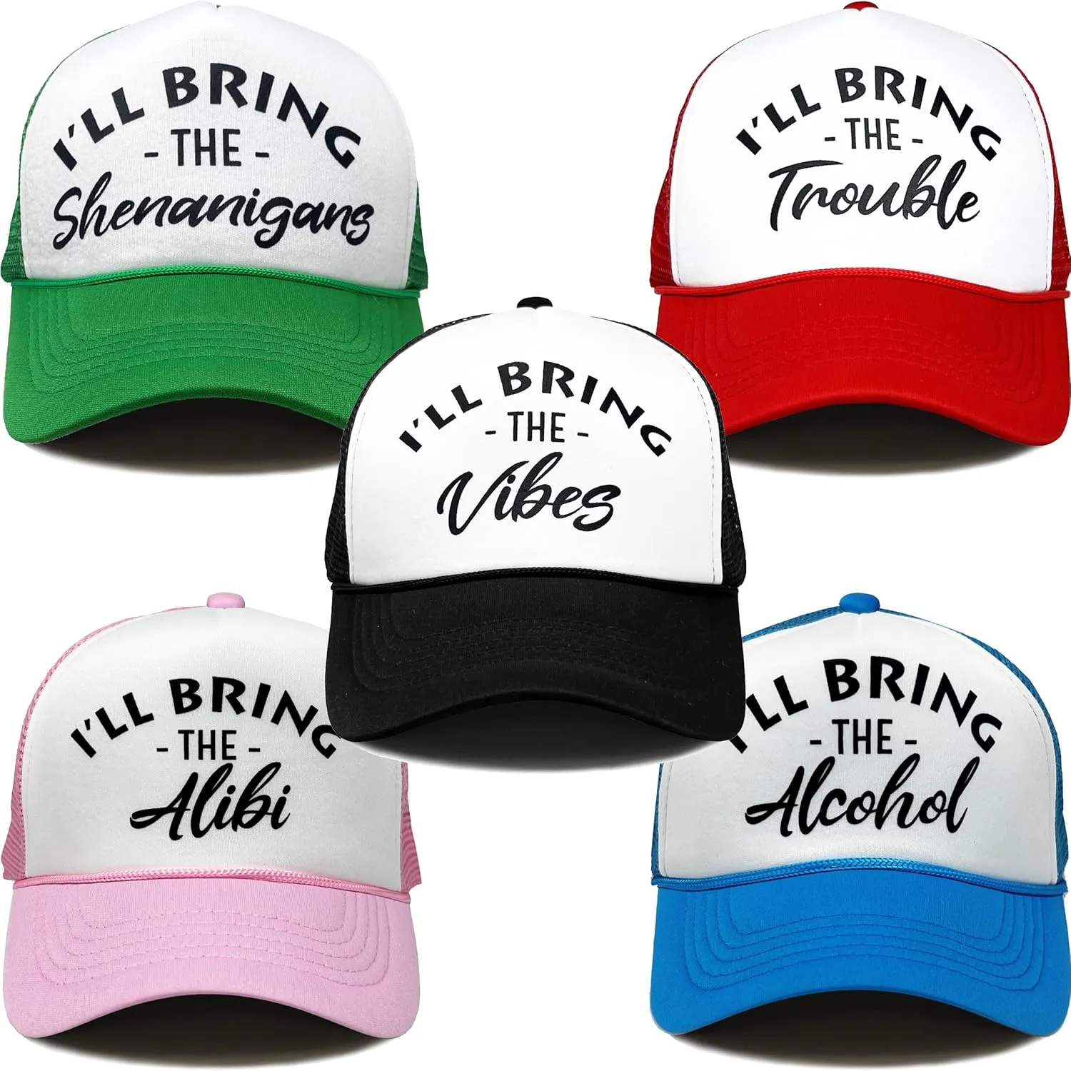 Funky Junque Neon Party Trucker Hats - Funny Foam Mesh Snapback Caps for Bachelorette Parties, Girls Weekend Trips, Birthdays, Festivals & Bride Crew Gifts - 5 Pack - Free Spirit