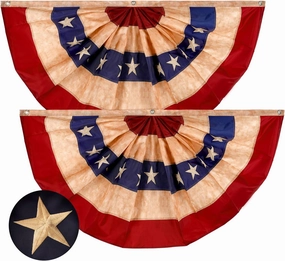 G128-2 Pack: USA Tea Stained Pleated Fan Flag 1.5x3FT Embroidered Polyester Stars and Stripes