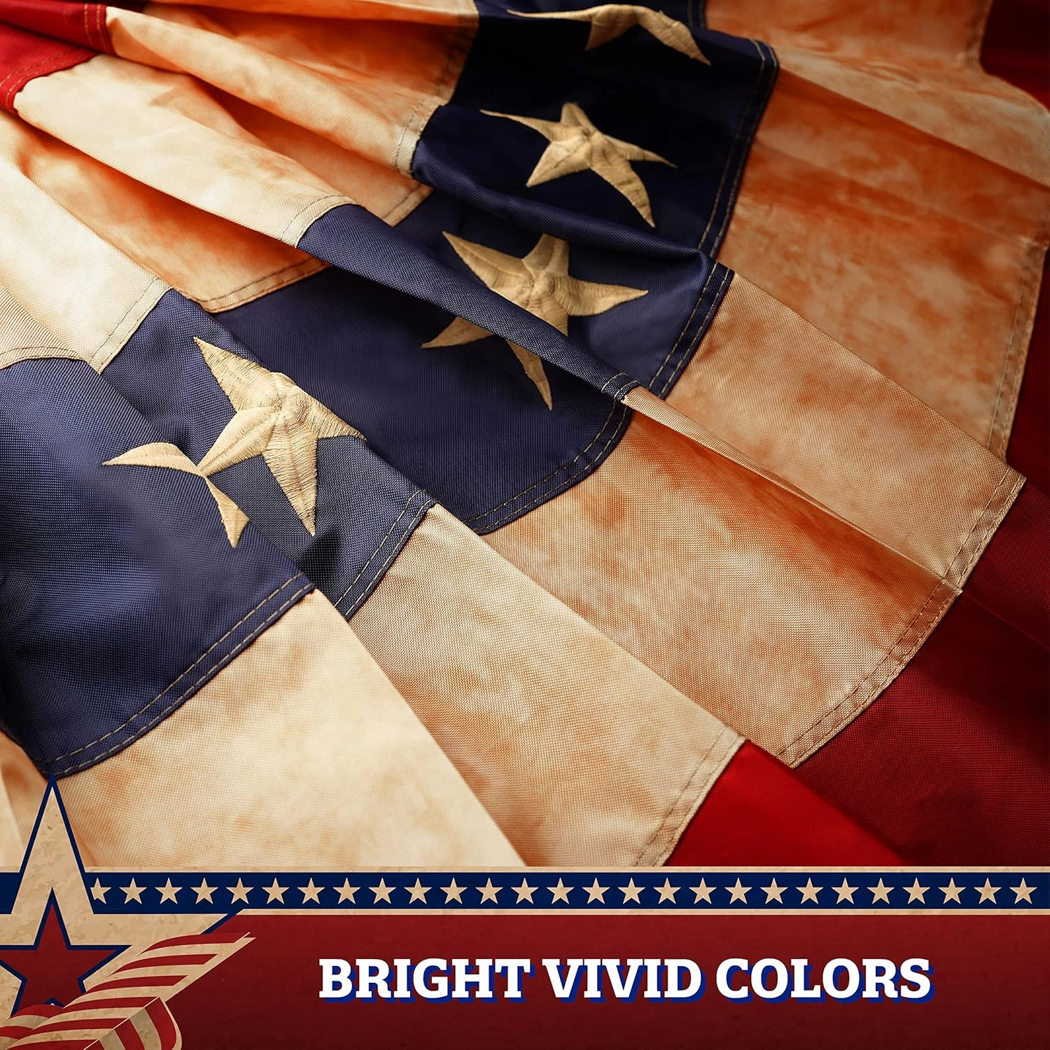 G128-2 Pack: USA Tea Stained Pleated Fan Flag 1.5x3FT Embroidered Polyester Stars and Stripes