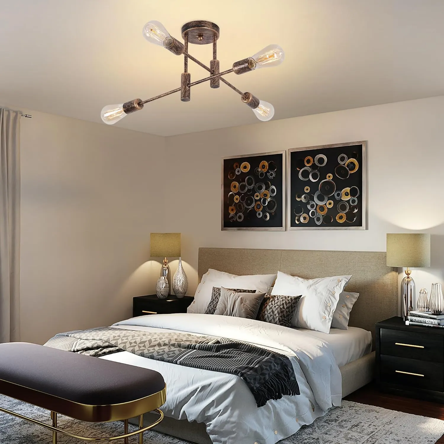 Garwarm 4-Light Semi Flush Mount Ceiling Light Fixture Farmhouse Sputnik Ceiling Light Vintage Modern Bronze Sputnik Chandelier for Kitchen Bedroom Dining Room Living Room Entryway