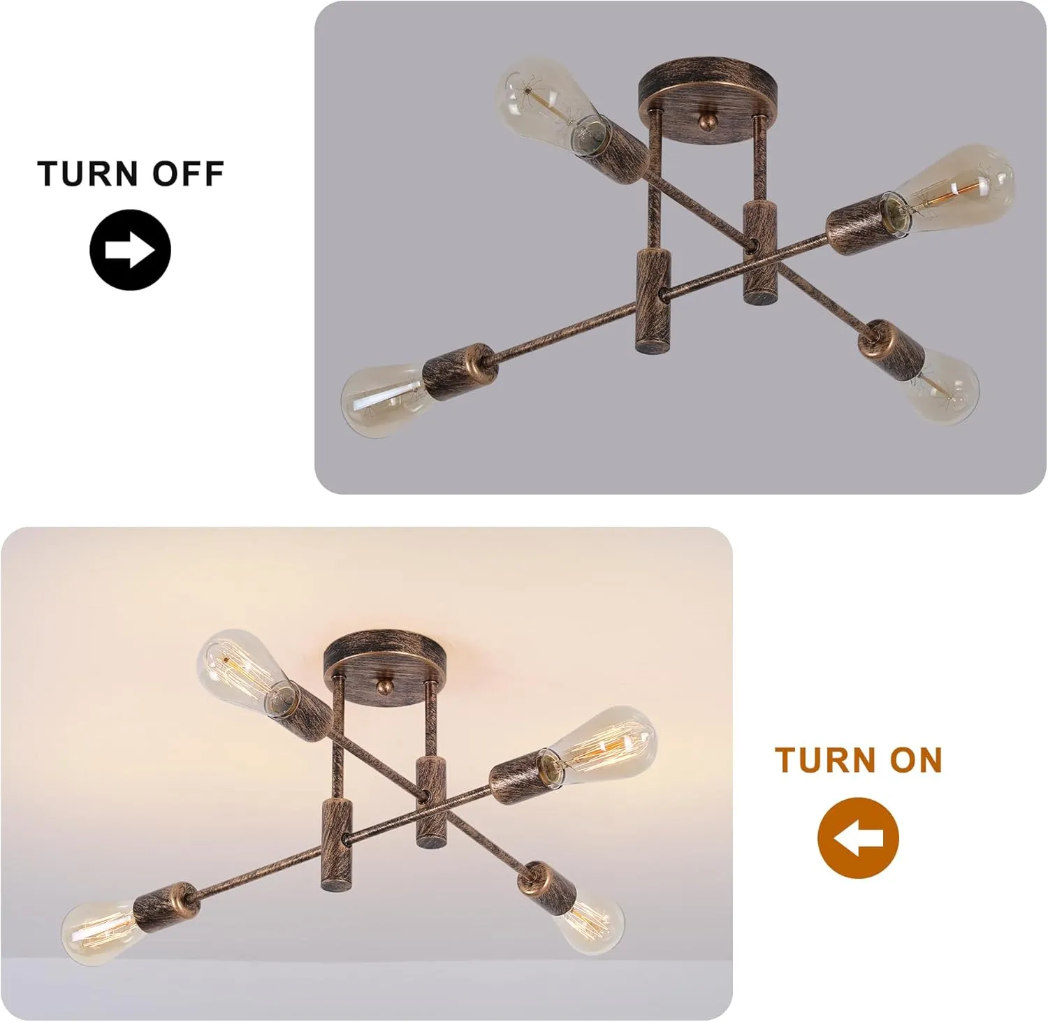 Garwarm 4-Light Semi Flush Mount Ceiling Light Fixture Farmhouse Sputnik Ceiling Light Vintage Modern Bronze Sputnik Chandelier for Kitchen Bedroom Dining Room Living Room Entryway