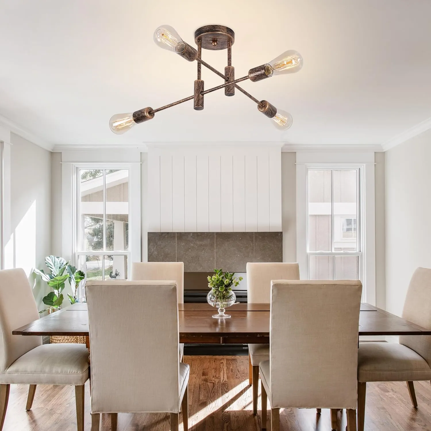 Garwarm 4-Light Semi Flush Mount Ceiling Light Fixture Farmhouse Sputnik Ceiling Light Vintage Modern Bronze Sputnik Chandelier for Kitchen Bedroom Dining Room Living Room Entryway