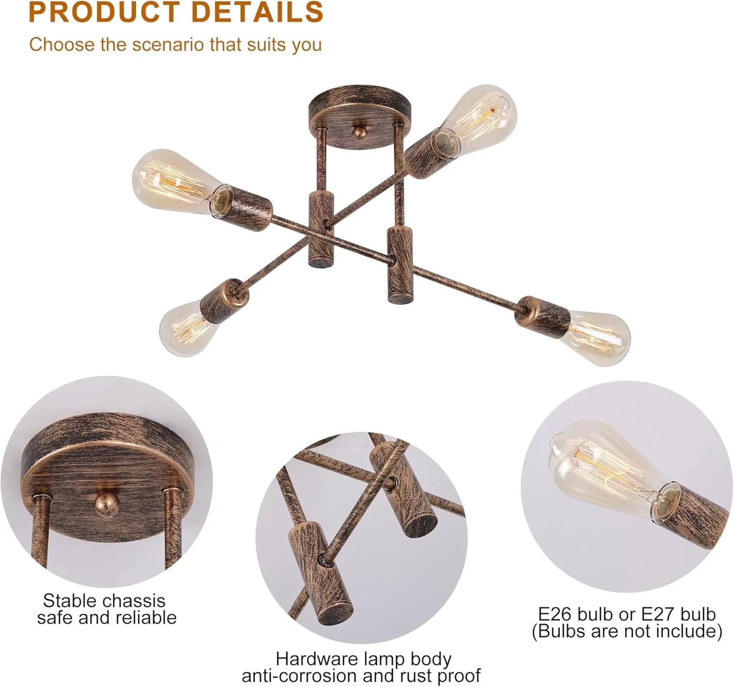 Garwarm 4-Light Semi Flush Mount Ceiling Light Fixture Farmhouse Sputnik Ceiling Light Vintage Modern Bronze Sputnik Chandelier for Kitchen Bedroom Dining Room Living Room Entryway