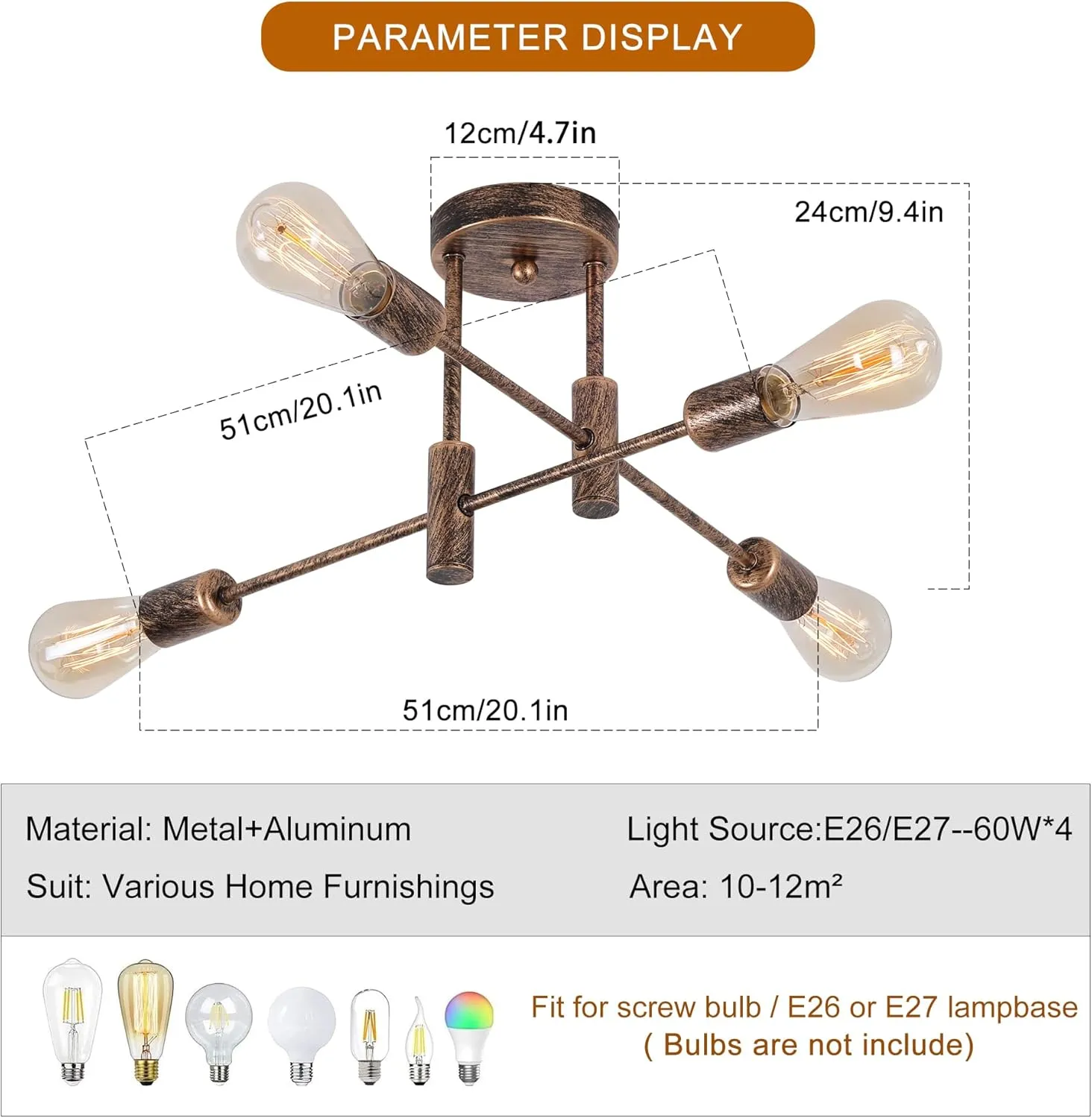Garwarm 4-Light Semi Flush Mount Ceiling Light Fixture Farmhouse Sputnik Ceiling Light Vintage Modern Bronze Sputnik Chandelier for Kitchen Bedroom Dining Room Living Room Entryway