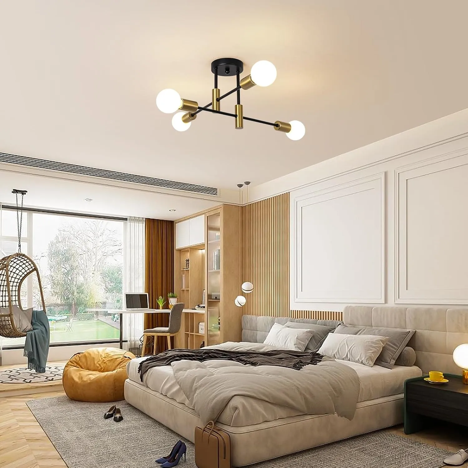 Garwarm Semi Flush Mount Ceiling Light Fixture,4-Light Gold and Black Modern Sputnik Chandelier, mid Century Light Fixture for Kitchen Dining Room Bedroom Foyer Entryway Hallway Closet