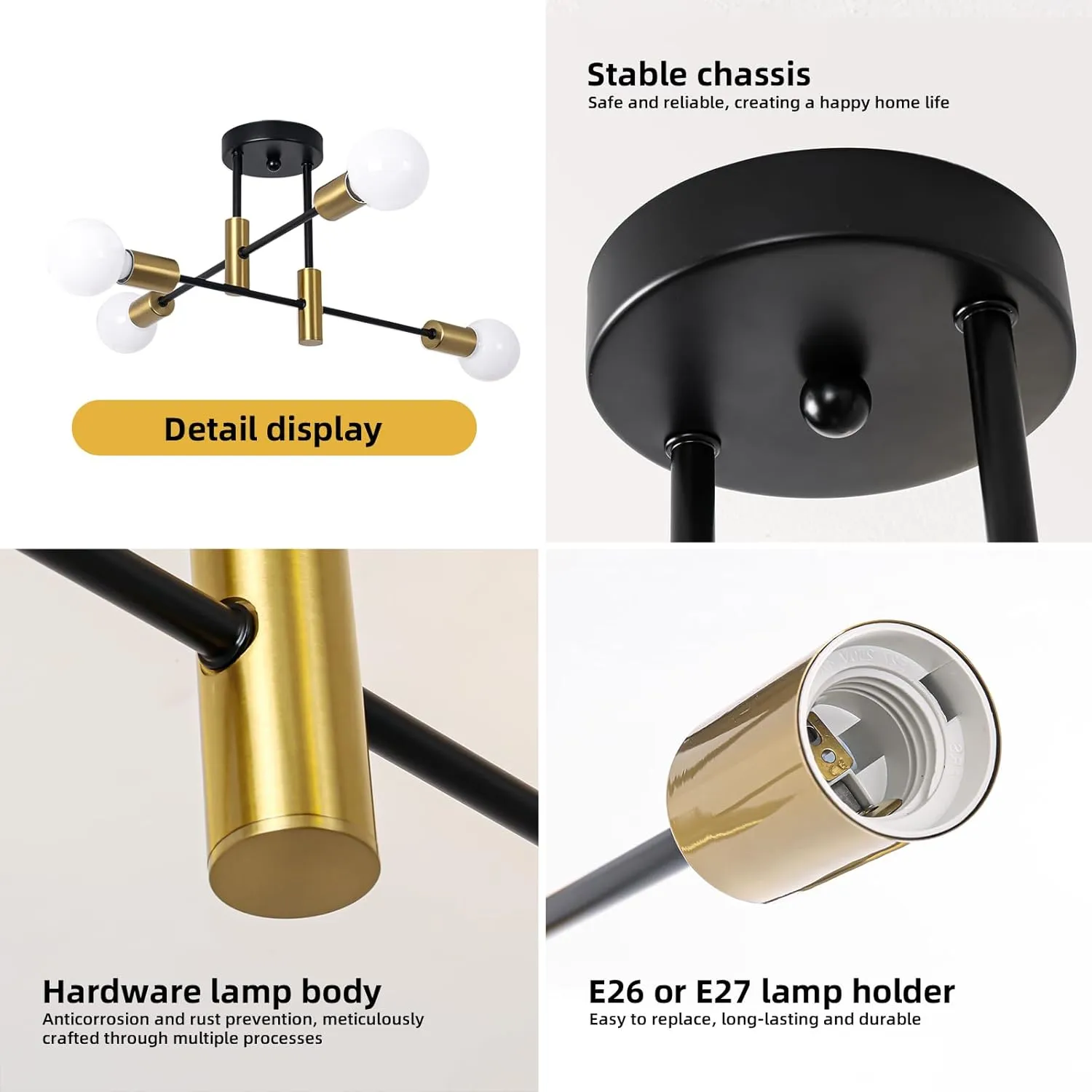 Garwarm Semi Flush Mount Ceiling Light Fixture,4-Light Gold and Black Modern Sputnik Chandelier, mid Century Light Fixture for Kitchen Dining Room Bedroom Foyer Entryway Hallway Closet