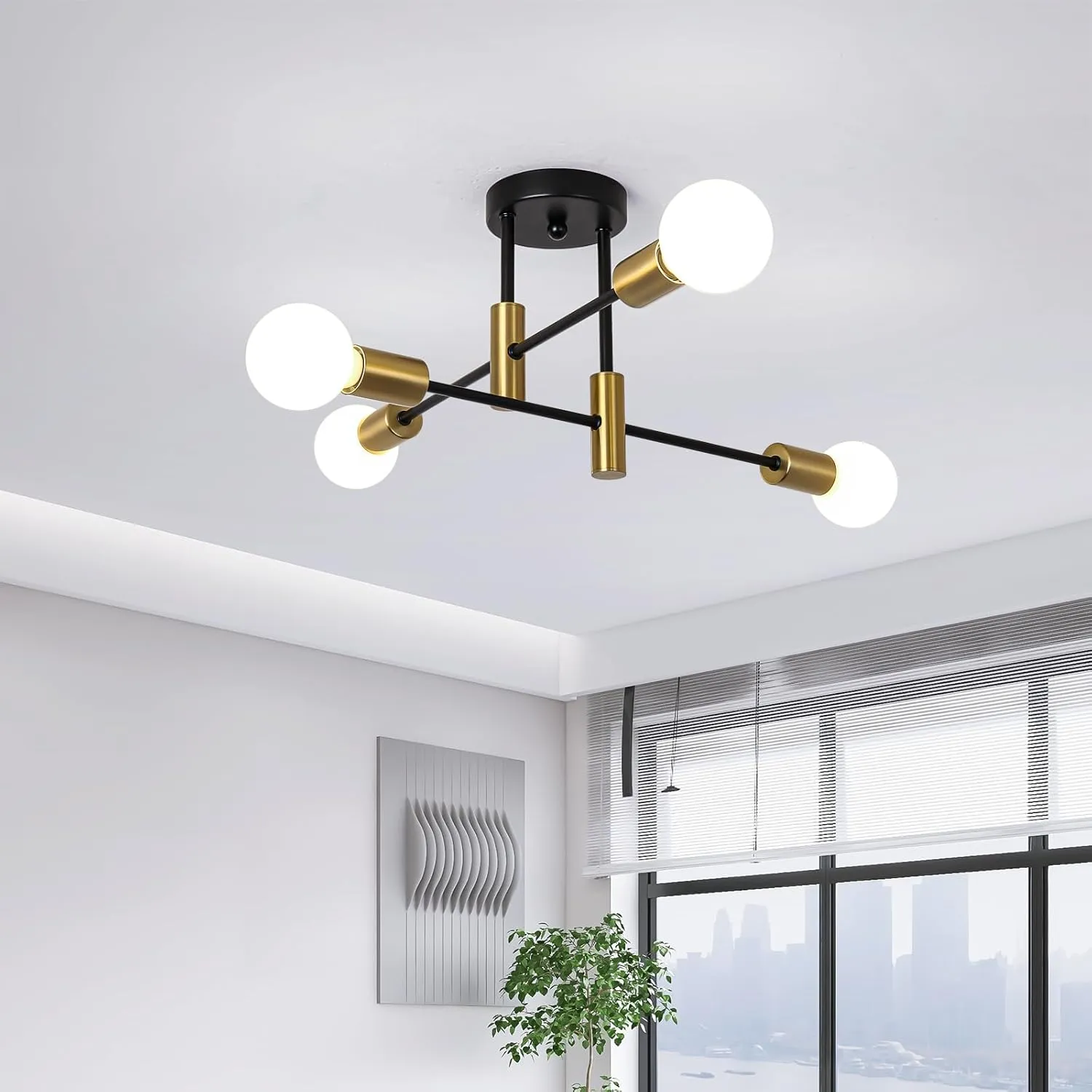 Garwarm Semi Flush Mount Ceiling Light Fixture,4-Light Gold and Black Modern Sputnik Chandelier, mid Century Light Fixture for Kitchen Dining Room Bedroom Foyer Entryway Hallway Closet