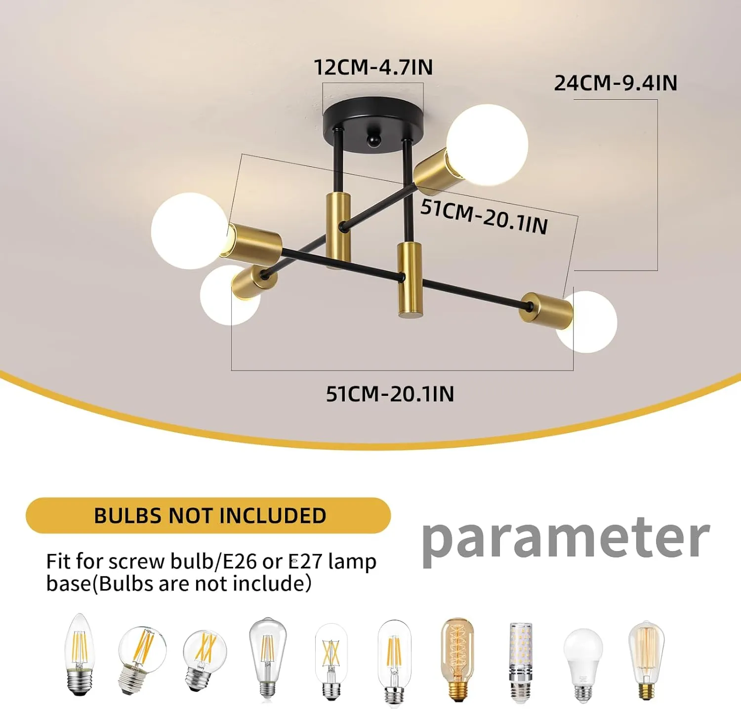Garwarm Semi Flush Mount Ceiling Light Fixture,4-Light Gold and Black Modern Sputnik Chandelier, mid Century Light Fixture for Kitchen Dining Room Bedroom Foyer Entryway Hallway Closet