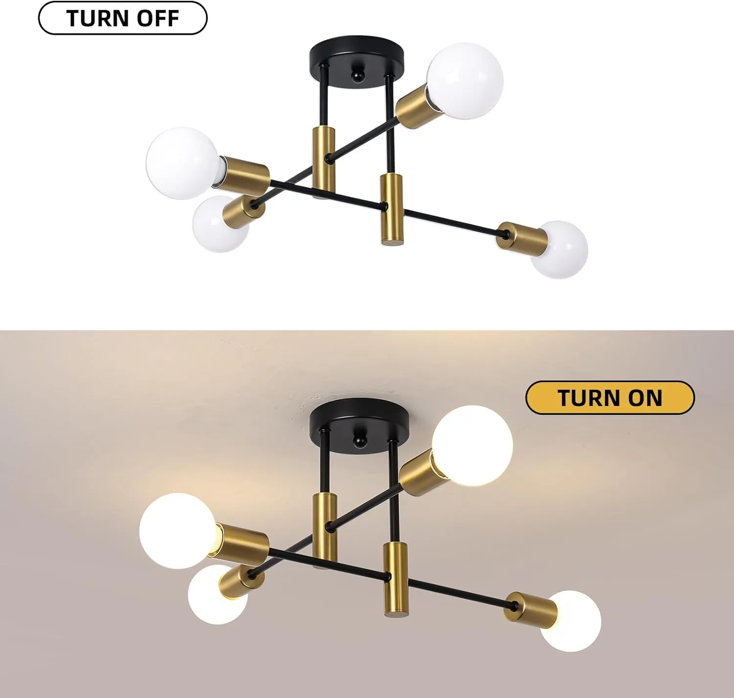 Garwarm Semi Flush Mount Ceiling Light Fixture,4-Light Gold and Black Modern Sputnik Chandelier, mid Century Light Fixture for Kitchen Dining Room Bedroom Foyer Entryway Hallway Closet