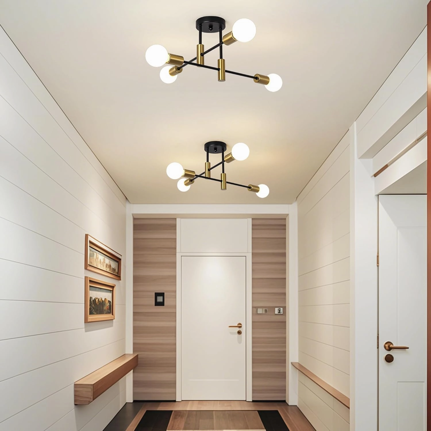 Garwarm 2 Pack 4-Light Industrial Semi Flush Mount Sputnik Ceiling Light Fixture, Black and Gold Modern Sputnik Chandelier for Porch Bedroom Hallway Kitchen Farmhouse