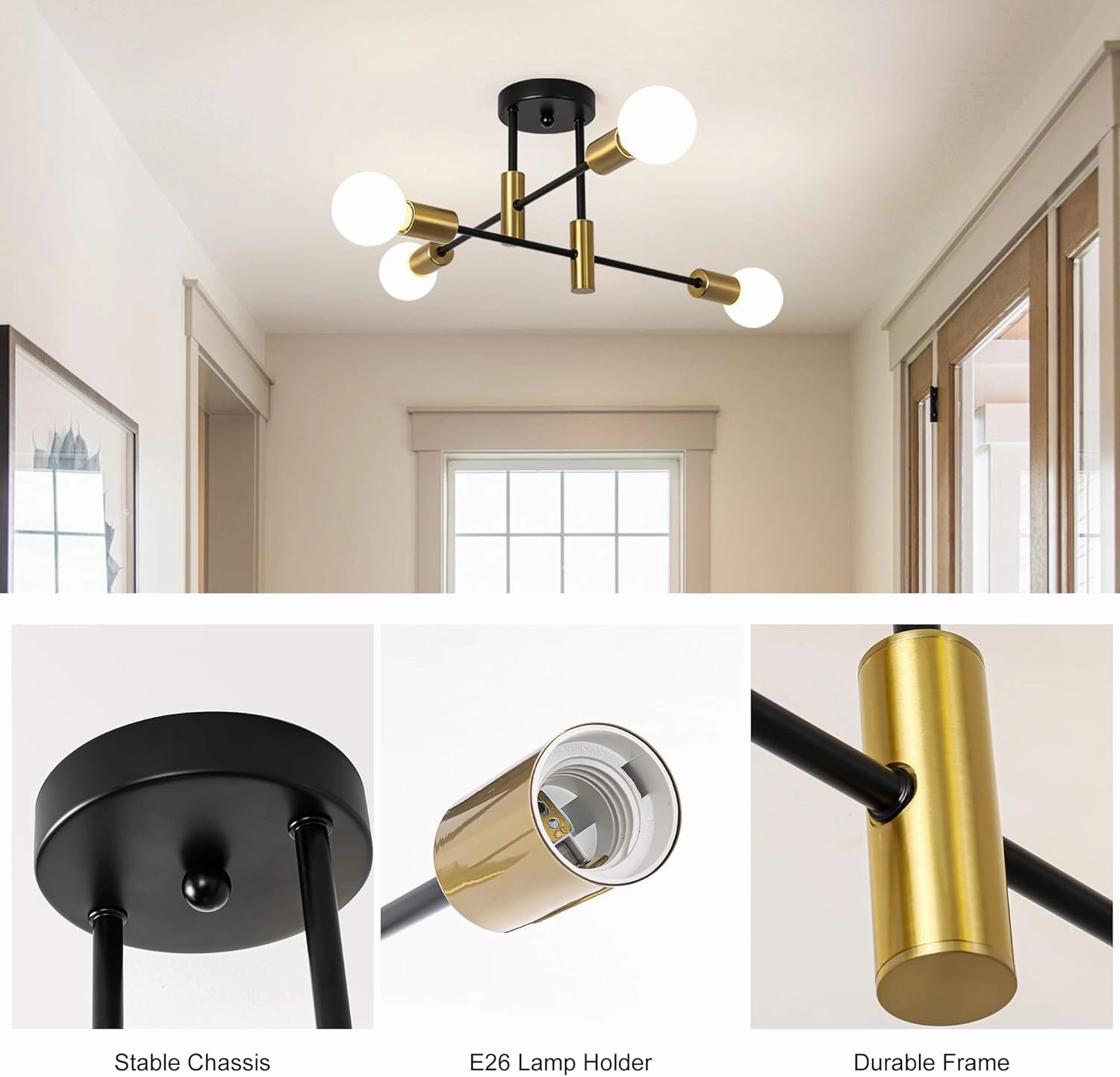 Garwarm 2 Pack 4-Light Industrial Semi Flush Mount Sputnik Ceiling Light Fixture, Black and Gold Modern Sputnik Chandelier for Porch Bedroom Hallway Kitchen Farmhouse