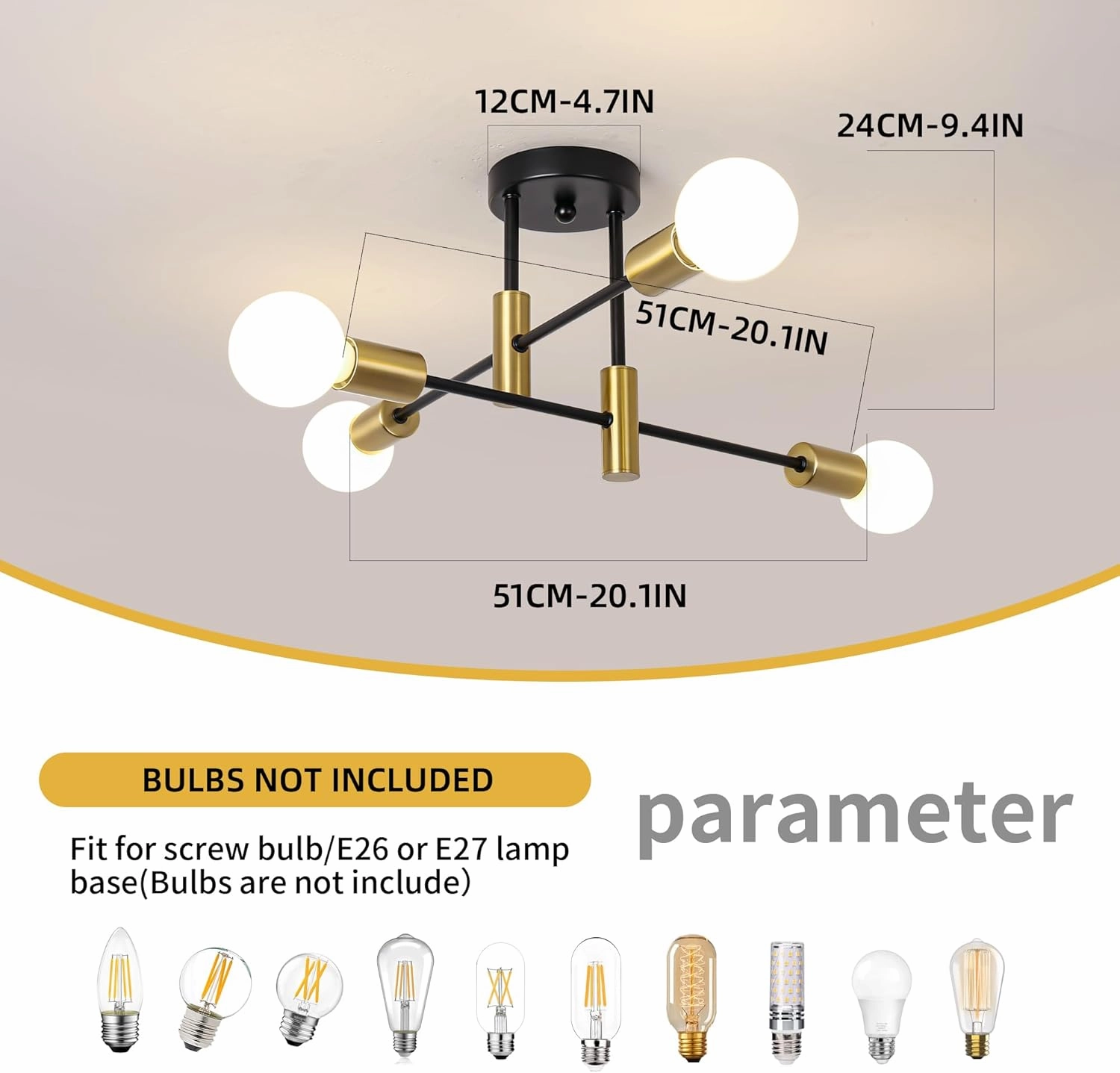 Garwarm 2 Pack 4-Light Industrial Semi Flush Mount Sputnik Ceiling Light Fixture, Black and Gold Modern Sputnik Chandelier for Porch Bedroom Hallway Kitchen Farmhouse