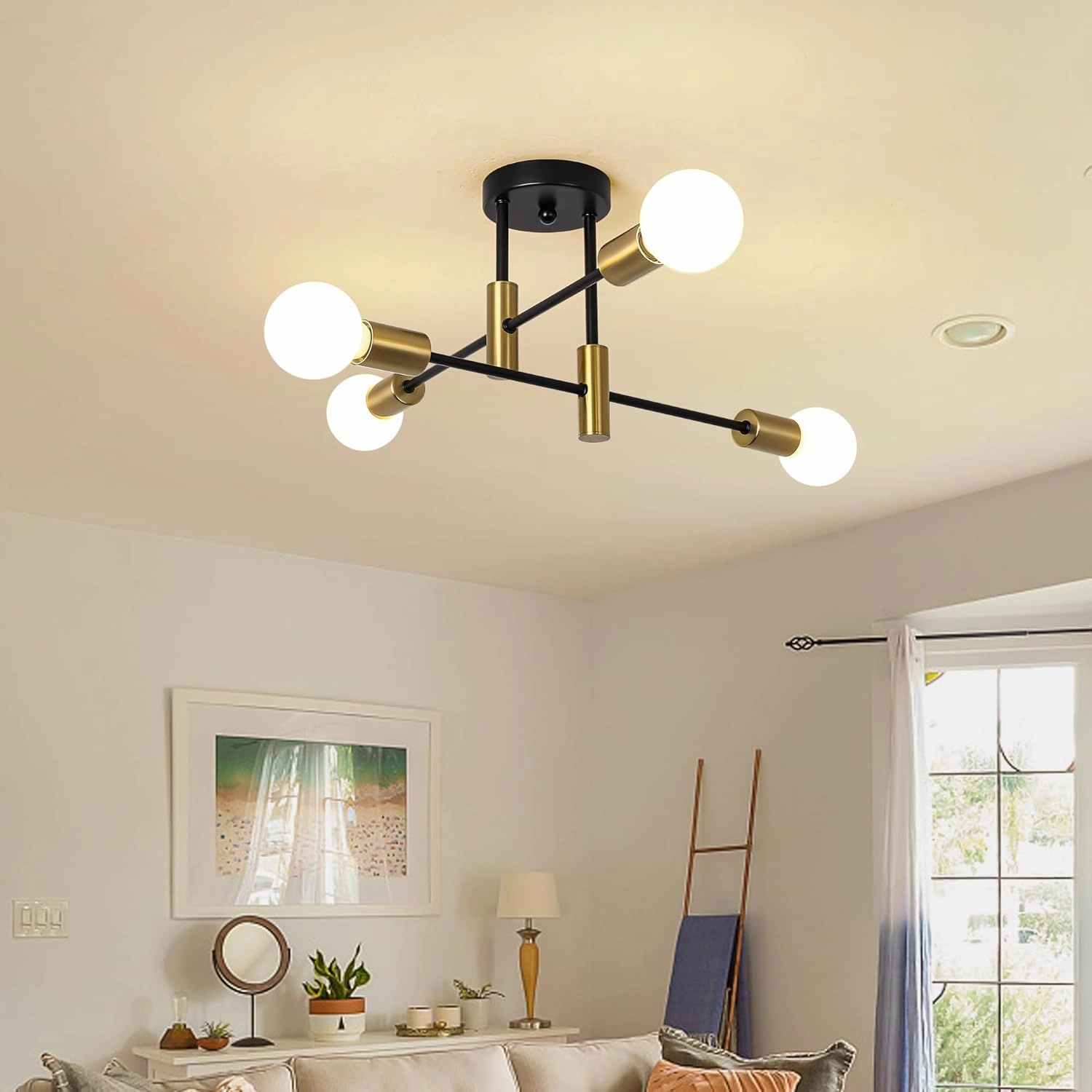 Garwarm 2 Pack 4-Light Industrial Semi Flush Mount Sputnik Ceiling Light Fixture, Black and Gold Modern Sputnik Chandelier for Porch Bedroom Hallway Kitchen Farmhouse