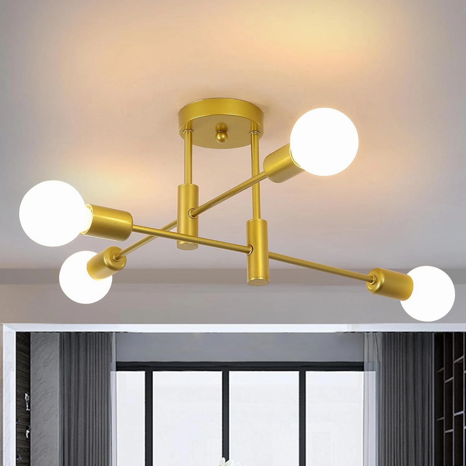 Garwarm 4-Light Sputnik Ceiling Light Modern Semi Flush Mount Ceiling Light Fixture Mid Century Gold Sputnik Chandelier for Kitchen Dining Room Bedroom