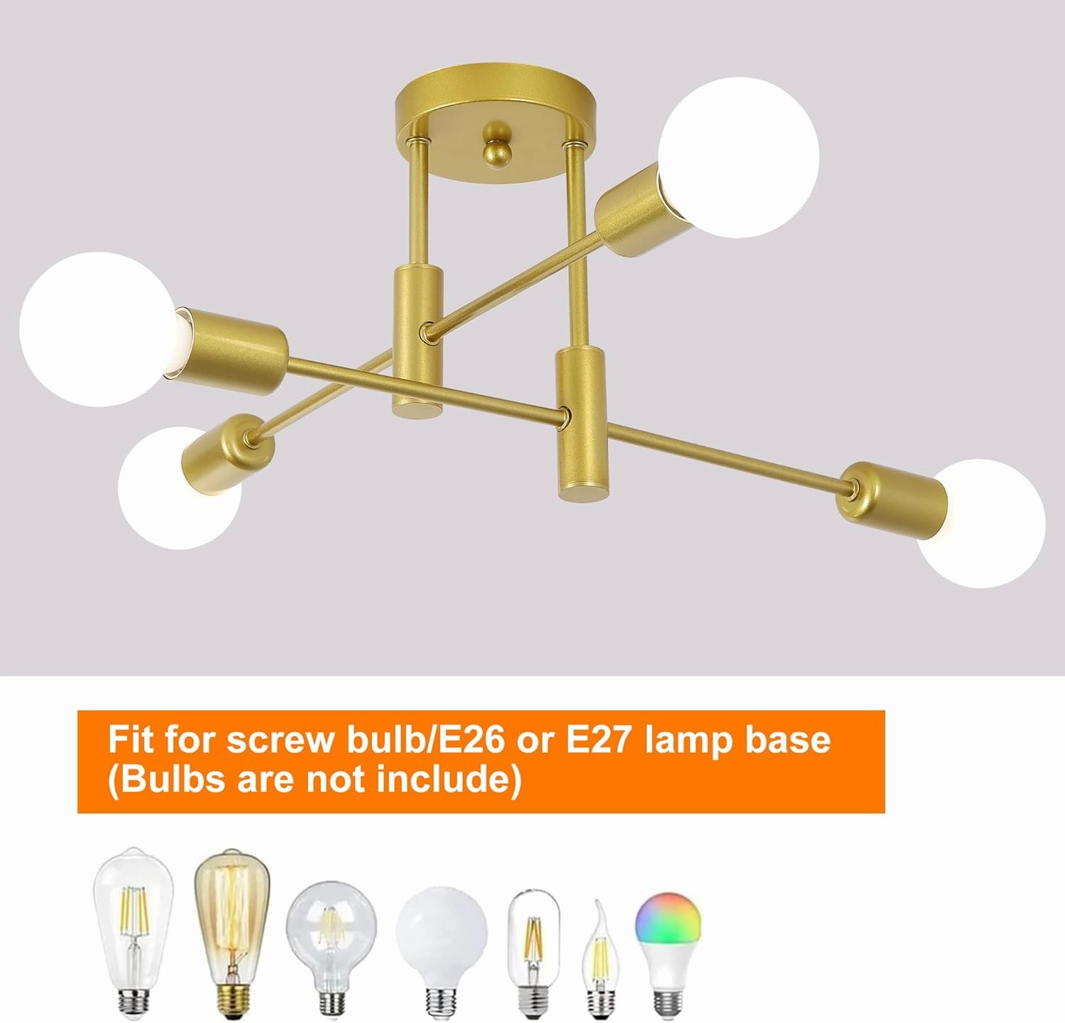 Garwarm 4-Light Sputnik Ceiling Light Modern Semi Flush Mount Ceiling Light Fixture Mid Century Gold Sputnik Chandelier for Kitchen Dining Room Bedroom