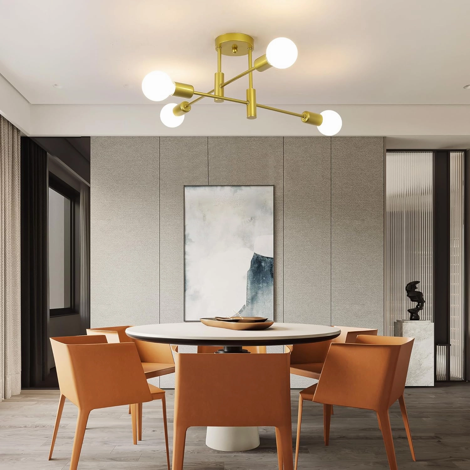 Garwarm 4-Light Sputnik Ceiling Light Modern Semi Flush Mount Ceiling Light Fixture Mid Century Gold Sputnik Chandelier for Kitchen Dining Room Bedroom