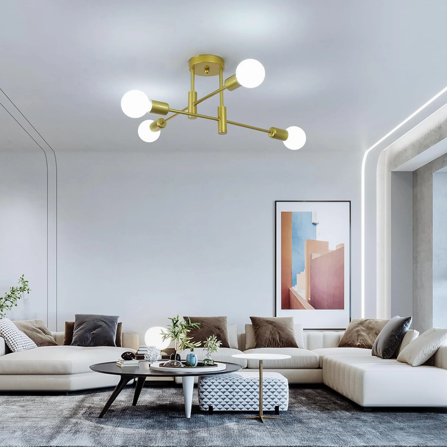Garwarm 4-Light Sputnik Ceiling Light Modern Semi Flush Mount Ceiling Light Fixture Mid Century Gold Sputnik Chandelier for Kitchen Dining Room Bedroom