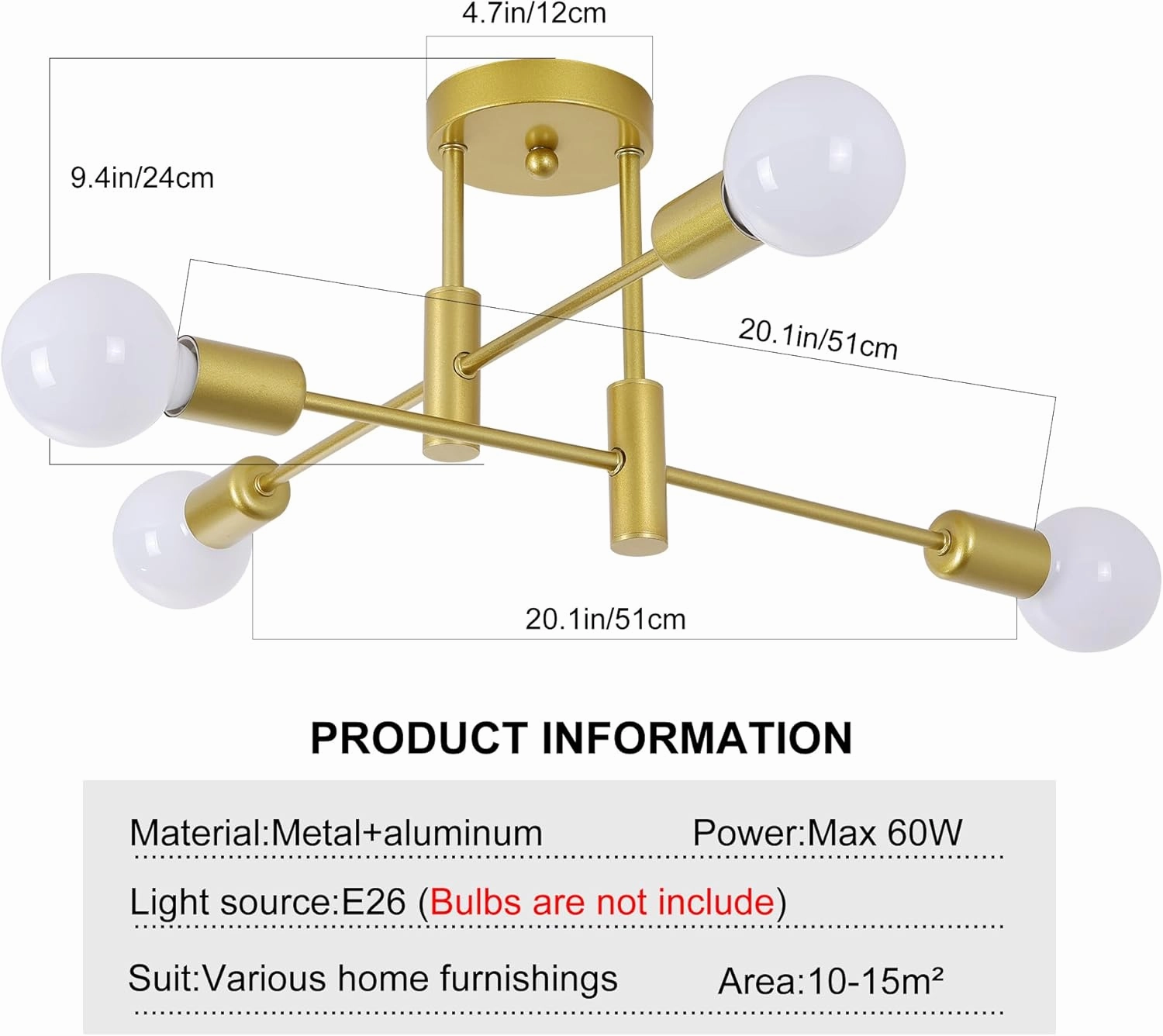 Garwarm 4-Light Sputnik Ceiling Light Modern Semi Flush Mount Ceiling Light Fixture Mid Century Gold Sputnik Chandelier for Kitchen Dining Room Bedroom